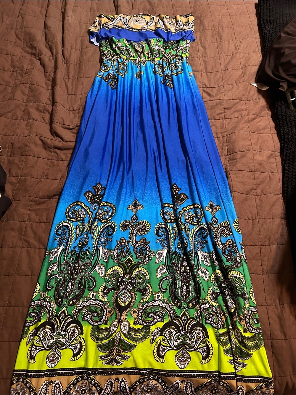 BONGO Blue, Green and Yellow Paisley Strapless Maxi Dress